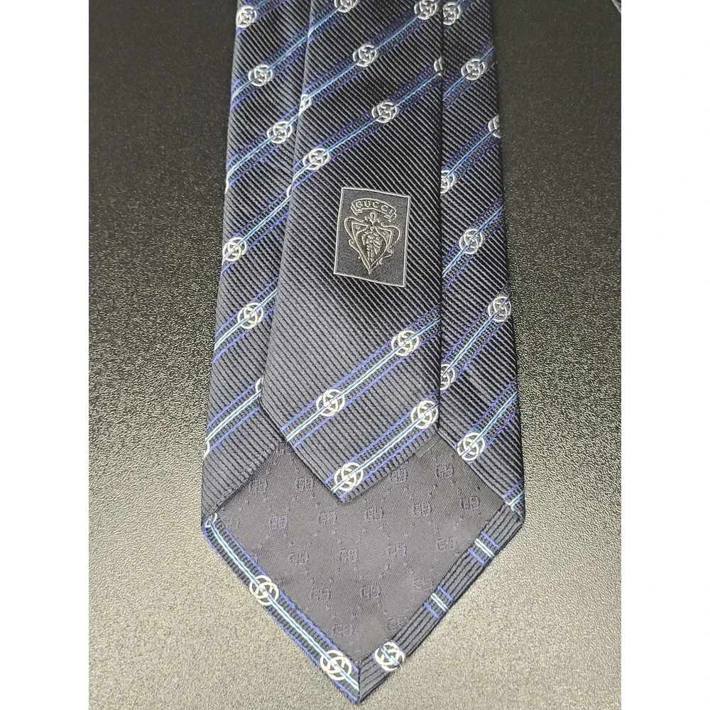 Gucci Men's Necktie Navy Blue Striped Logo Silk Excellent